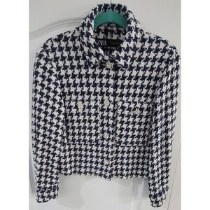 Zara Women's Navy White Houndstooth Cotton Blend Cropped Blazer Size‎ Small